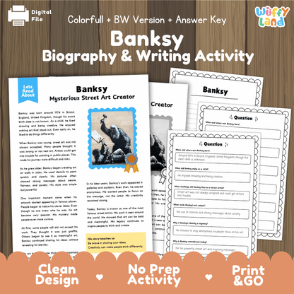 Banksy biography reading comprehension worksheets with informational passage, questions, writing activity and answer key for students