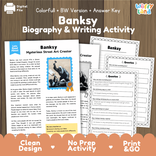 Banksy biography reading comprehension worksheets with informational passage, questions, writing activity and answer key for students