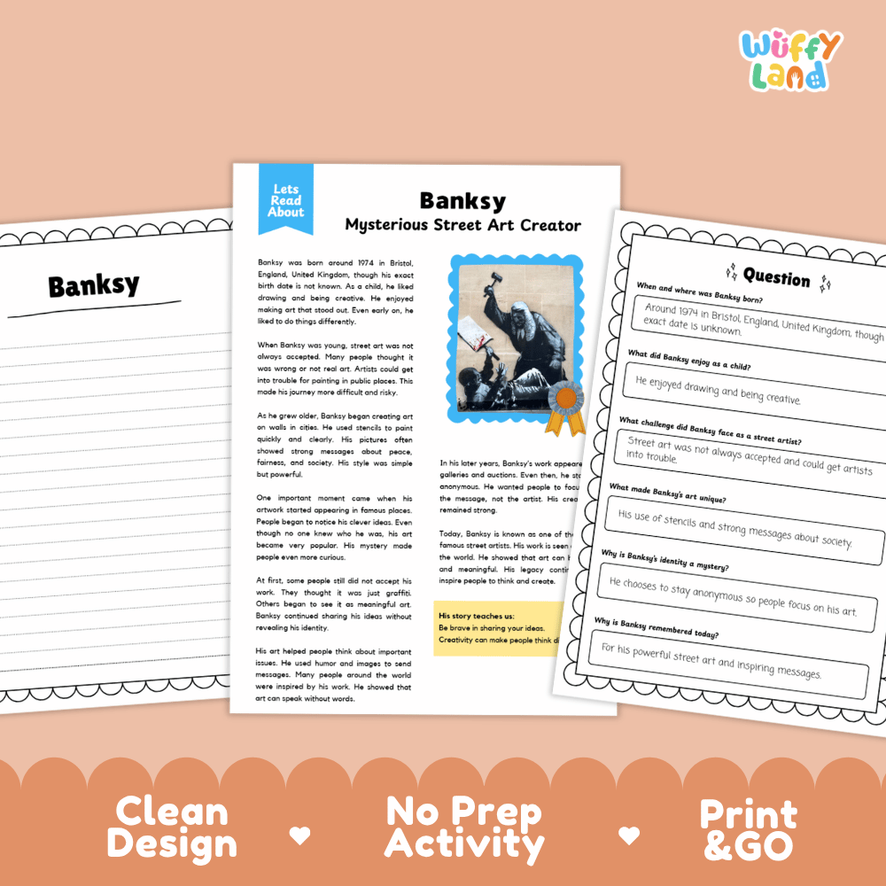 Printable Banksy reading passage and writing activity exploring the mysterious street artist with comprehension questions for elementary students