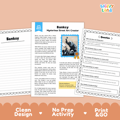 Printable Banksy reading passage and writing activity exploring the mysterious street artist with comprehension questions for elementary students