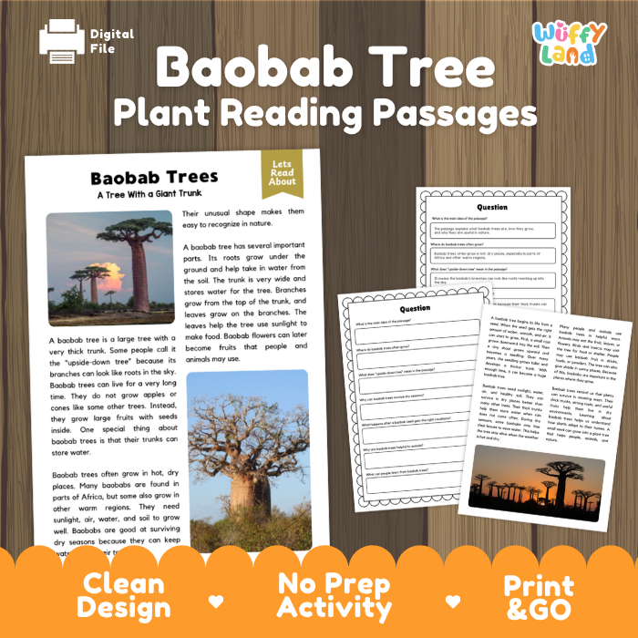 Baobab Tree Plant Reading Passages and Comprehension Questions Worksheets