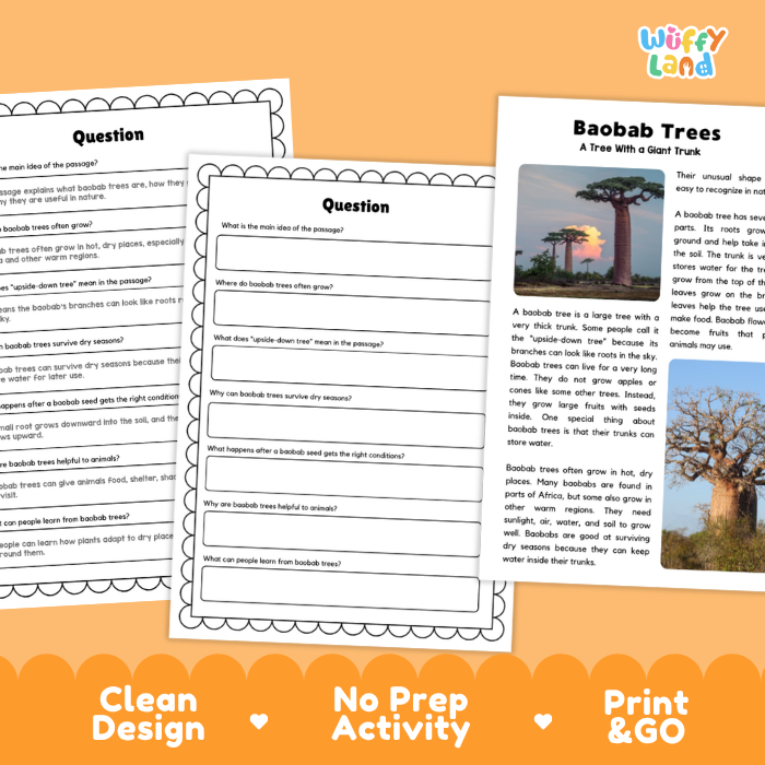 Baobab Tree Plant Reading Passages and Comprehension Questions Worksheets