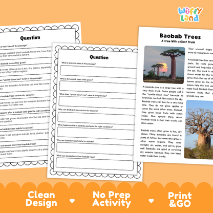 Baobab Tree Plant Reading Passages and Comprehension Questions Worksheets