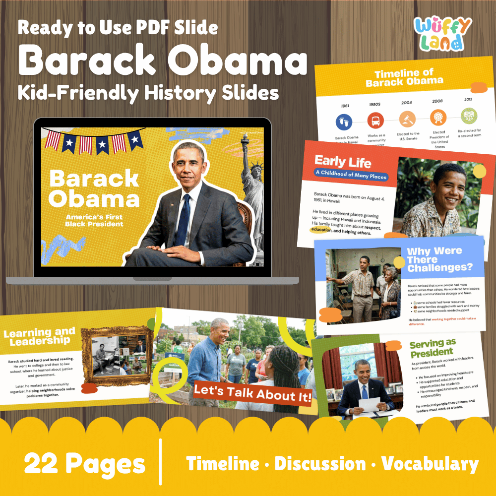 Promotional graphic for a set of educational PDF slides titled 'Barack Obama Kid-Friendly History Slides' by Wiffy Land. The design shows a laptop screen with a Barack Obama presentation slide, surrounded by sample page previews including a timeline, early life, challenges, and serving as president.