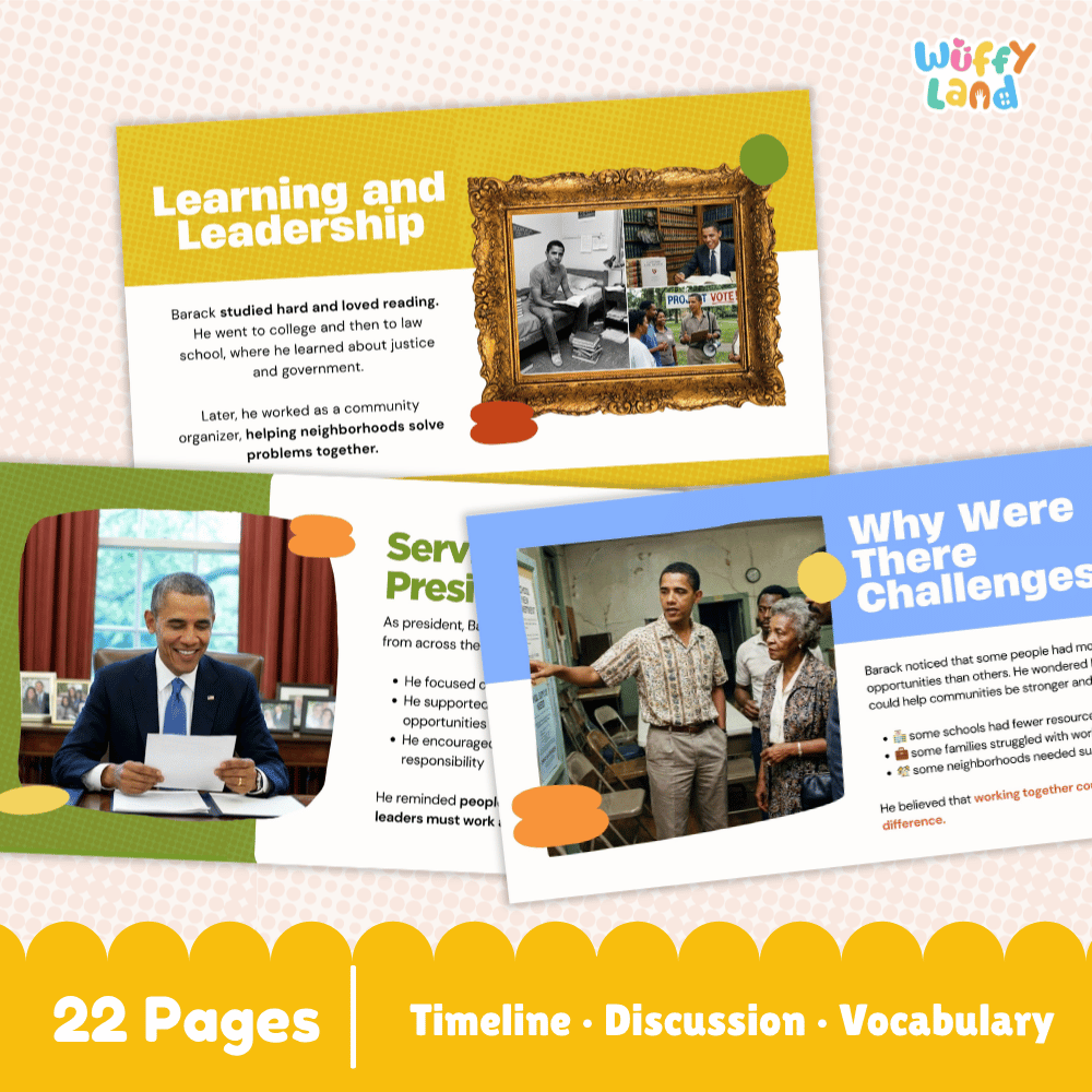 A product listing graphic for a printable educational resource titled 'Learning and Leadership' by Wiffy Land. The graphic shows sample pages from a biography lesson about Barack Obama, including a timeline, discussion questions, and vocabulary.