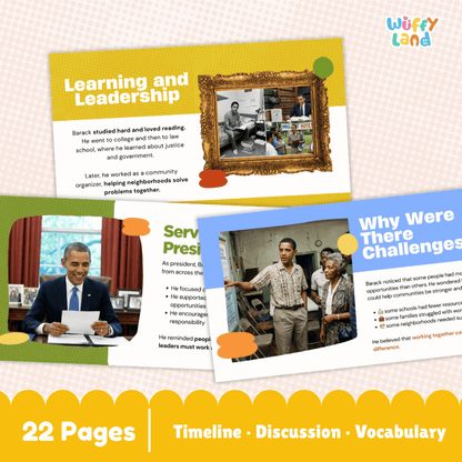 A product listing graphic for a printable educational resource titled 'Learning and Leadership' by Wiffy Land. The graphic shows sample pages from a biography lesson about Barack Obama, including a timeline, discussion questions, and vocabulary.