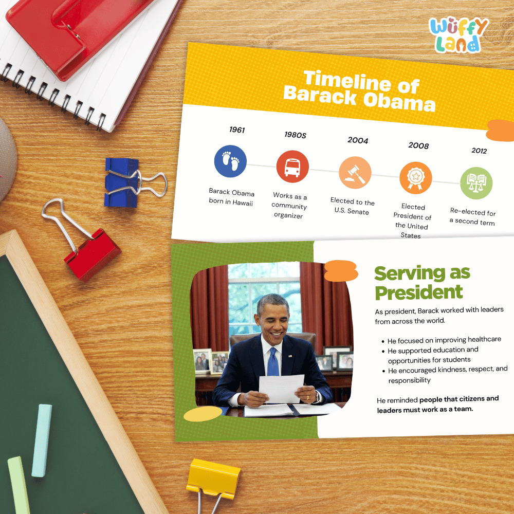 A printed educational poster titled 'Timeline of Barack Obama' and ' Serving as President' laid on a wooden desk with binder clips, a notebook, and other school supplies around it. The poster features a yellow timeline section and a photo panel with text about Barack Obama's presidency.