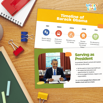 A printed educational poster titled 'Timeline of Barack Obama' and ' Serving as President' laid on a wooden desk with binder clips, a notebook, and other school supplies around it. The poster features a yellow timeline section and a photo panel with text about Barack Obama's presidency.