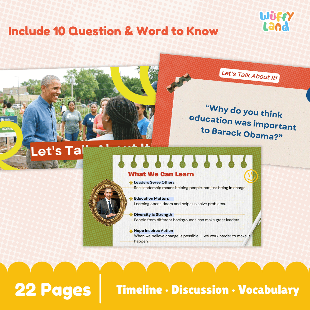 Promotional graphic for an educational resource titled 'Let's Talk About It!' by Wuffy Land. The design features a collage of a photo of Barack Obama speaking, a red card with the quote 'Why do you think education was important to Barack Obama?', a green card titled 'What We Can Learn', and a yellow banner at the bottom stating '22 Pages | Timeline · Discussion · Vocabulary'.