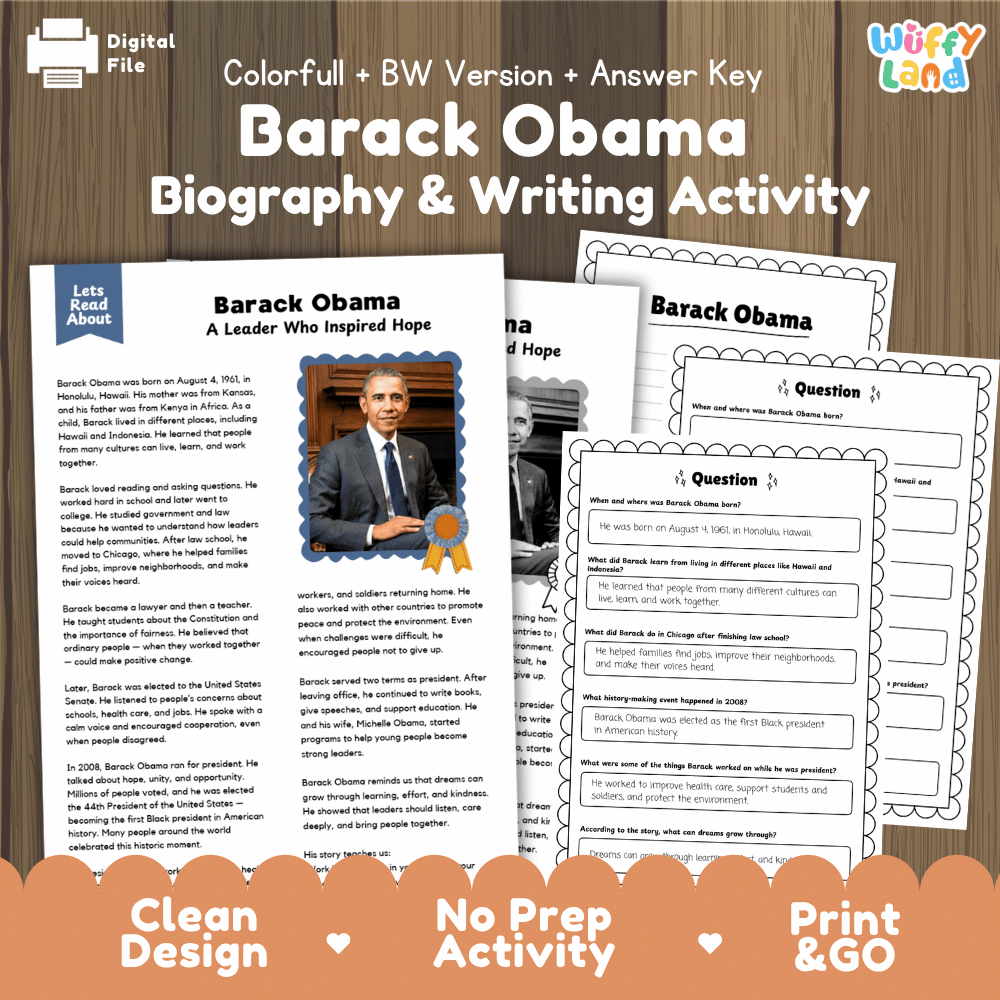 Digital printable activity sheet set for a 'Barack Obama Biography & Writing Activity' with a colorful and black-and-white version, shown as overlapping pages on a wood background with promotional text at the bottom.