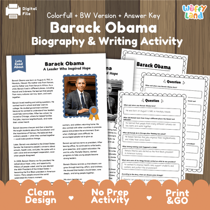 Digital printable activity sheet set for a 'Barack Obama Biography & Writing Activity' with a colorful and black-and-white version, shown as overlapping pages on a wood background with promotional text at the bottom.