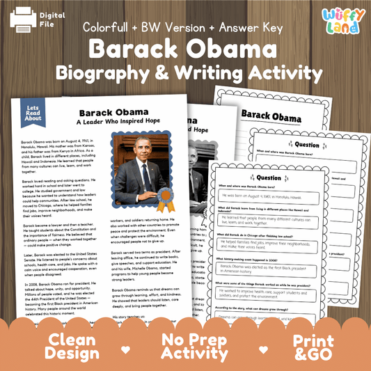 Digital printable activity sheet set for a 'Barack Obama Biography & Writing Activity' with a colorful and black-and-white version, shown as overlapping pages on a wood background with promotional text at the bottom.