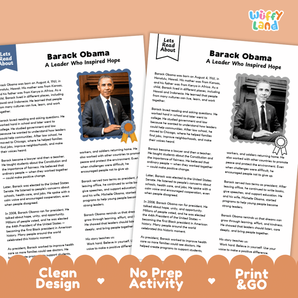 Barack Obama Biography Reading Passage and Writing Activity Worksheets