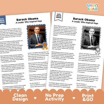 Barack Obama Biography Reading Passage and Writing Activity Worksheets