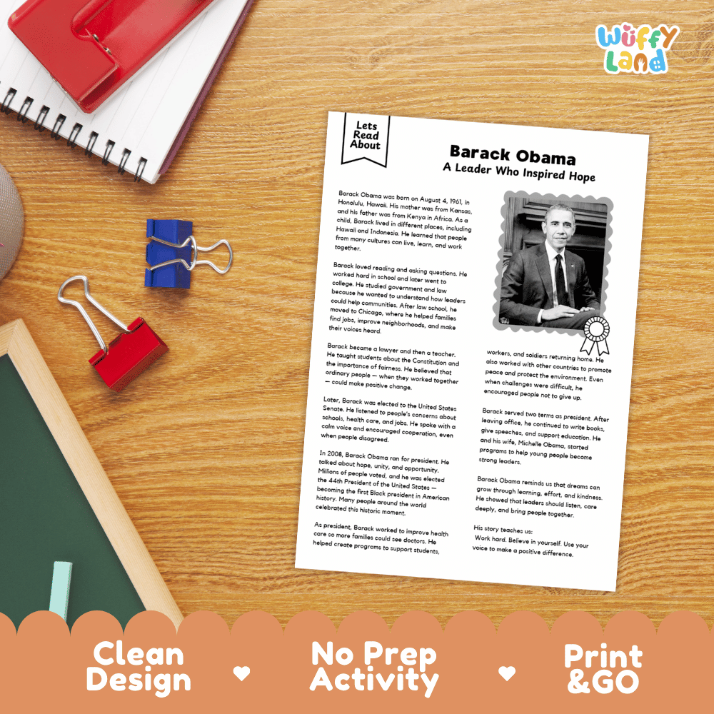Barack Obama Biography Reading Passage and Writing Activity Worksheets