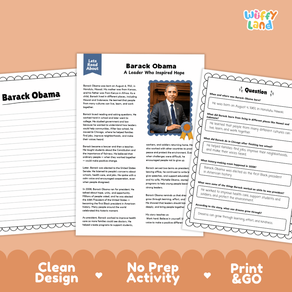 Three printable educational activity sheets for a Barack Obama-themed lesson, shown on an orange background with the text 'Clean Design', 'No Prep Activity', and 'Print & GO'. The center sheet is titled 'Barack Obama A Leader Who Inspired Hope' and includes a photo of Barack Obama, while the side sheets show text and question content.