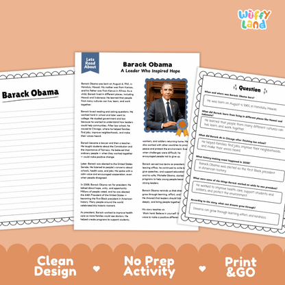 Three printable educational activity sheets for a Barack Obama-themed lesson, shown on an orange background with the text 'Clean Design', 'No Prep Activity', and 'Print & GO'. The center sheet is titled 'Barack Obama A Leader Who Inspired Hope' and includes a photo of Barack Obama, while the side sheets show text and question content.