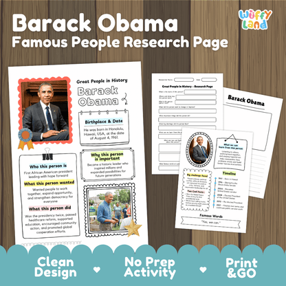 Barack Obama Famous People Research Page activity sheet set by Wiffy Land, featuring printable educational worksheets and an activity card on a wood background with promotional text at the bottom.