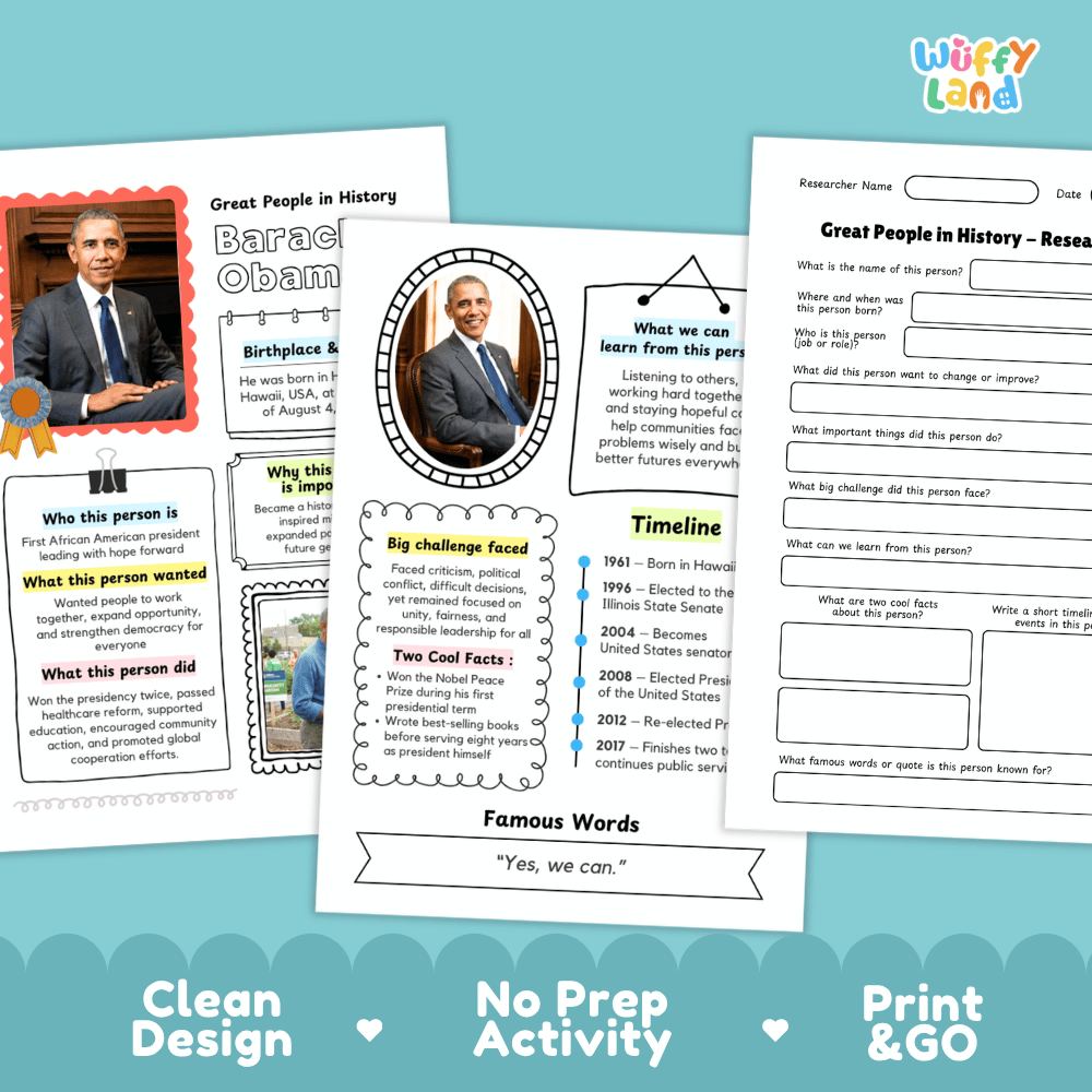 Three printable educational worksheets about Great People in History are shown overlapping on a white background with a teal promotional banner at the bottom. The worksheets include text fields, timelines, and activity prompts, and the brand name 'wiffy land' appears at the top of the pages.