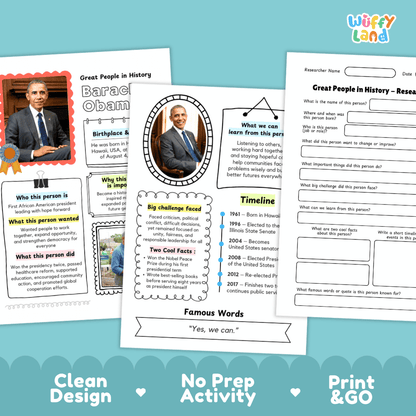 Three printable educational worksheets about Great People in History are shown overlapping on a white background with a teal promotional banner at the bottom. The worksheets include text fields, timelines, and activity prompts, and the brand name 'wiffy land' appears at the top of the pages.