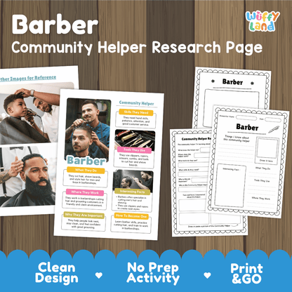 Barber community helper research page writing worksheets pack featuring real photos and student activity pages for elementary social studies and life skills