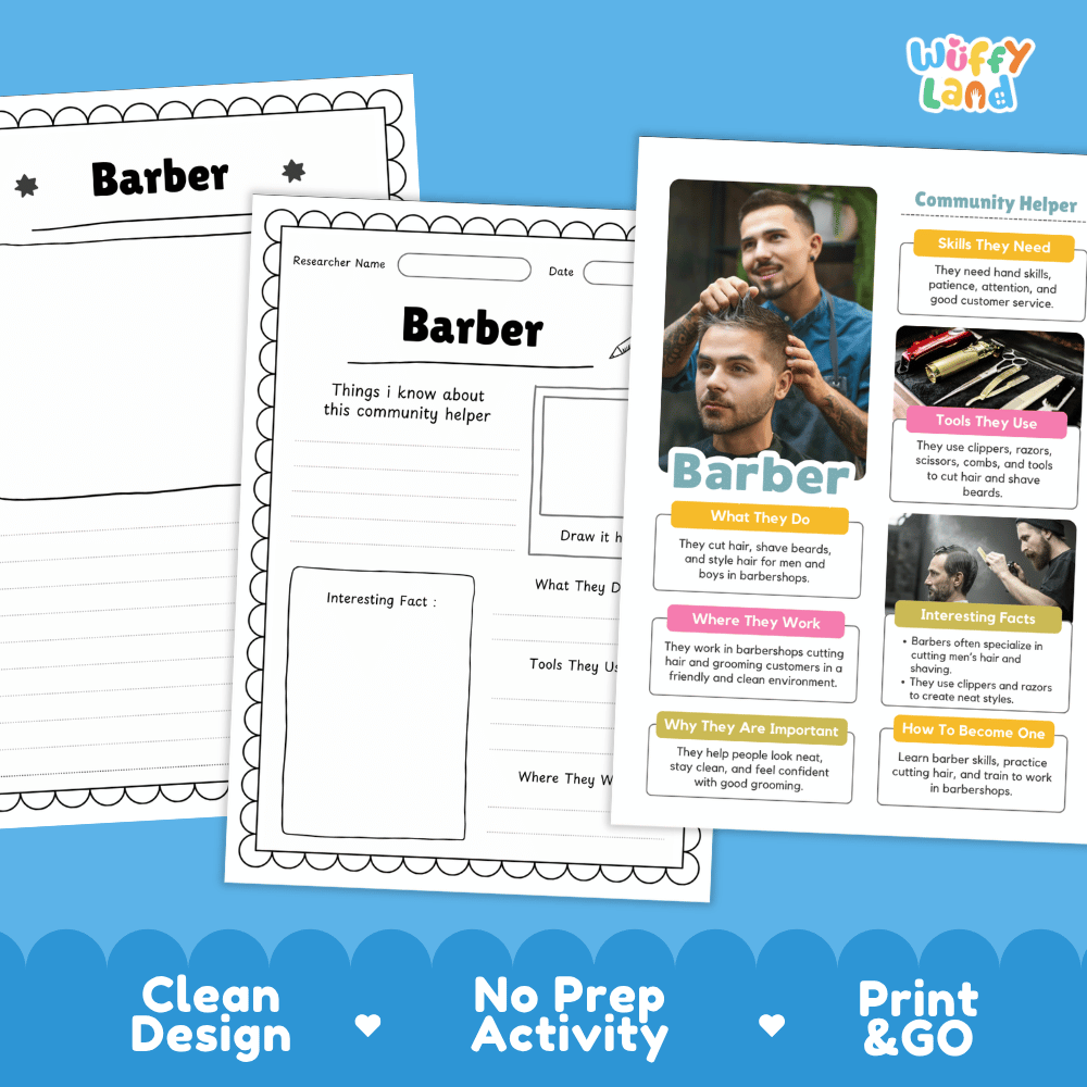 Educational reference poster with real photography showing barber duties, clippers and scissors tools, barbershop workplace, and interesting career facts
