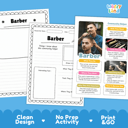 Educational reference poster with real photography showing barber duties, clippers and scissors tools, barbershop workplace, and interesting career facts