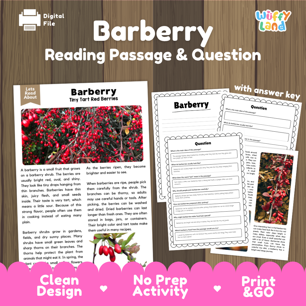 Barberry reading comprehension passage and questions printable activity pack with answer key for elementary students
