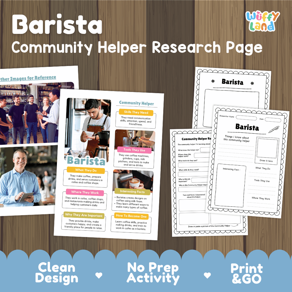 Barista community helper research page writing worksheets pack featuring real photos and student activity pages for elementary social studies and career lessons