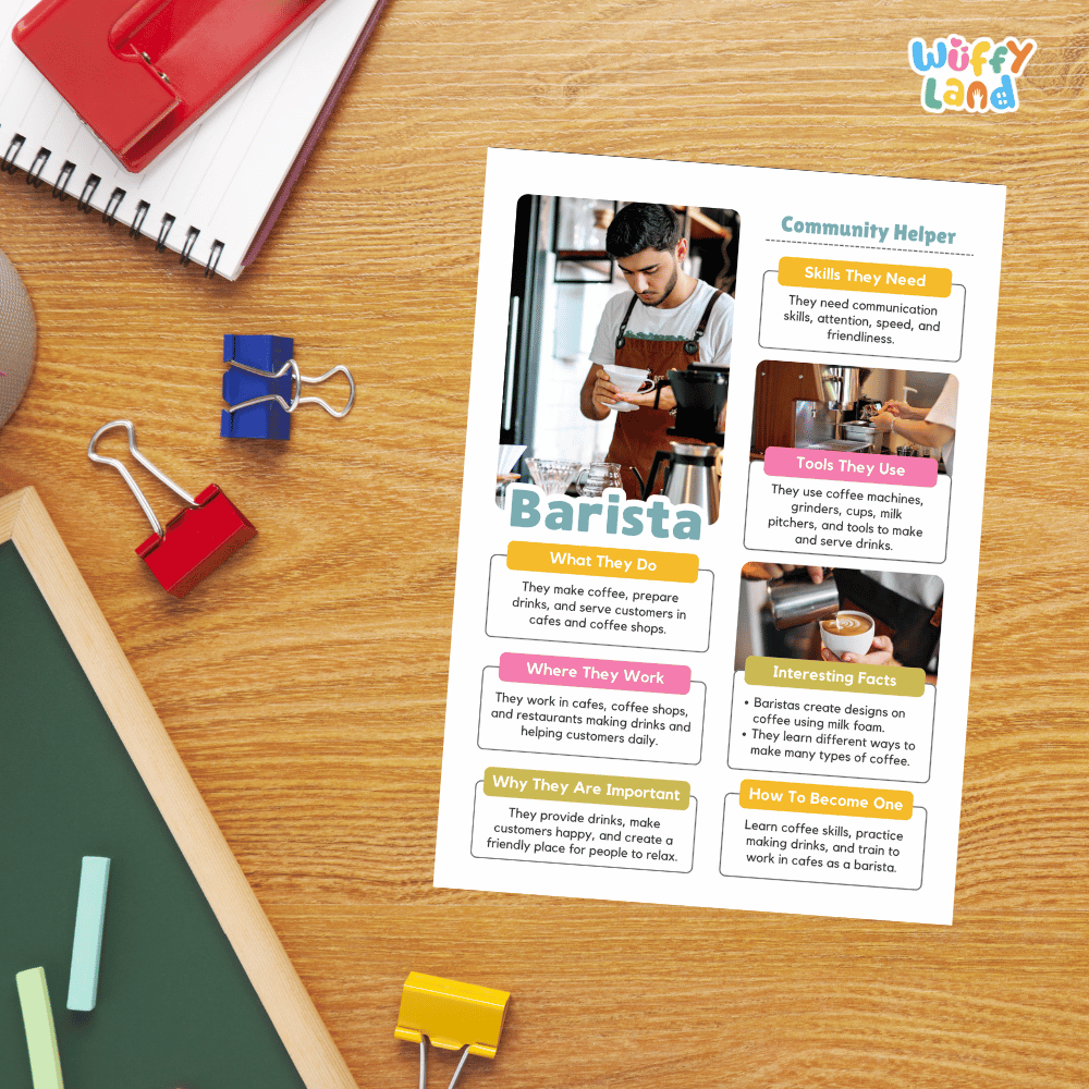 Guided student writing worksheets with lined sections for recording facts and a dedicated box for drawing or pasting a picture of a barista
