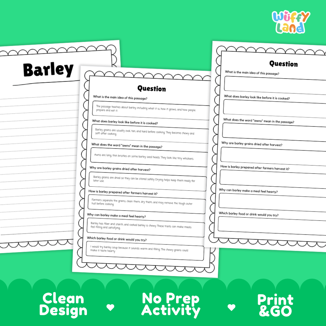 Barley Reading Passage and Comprehension Questions Worksheets with Answer Key