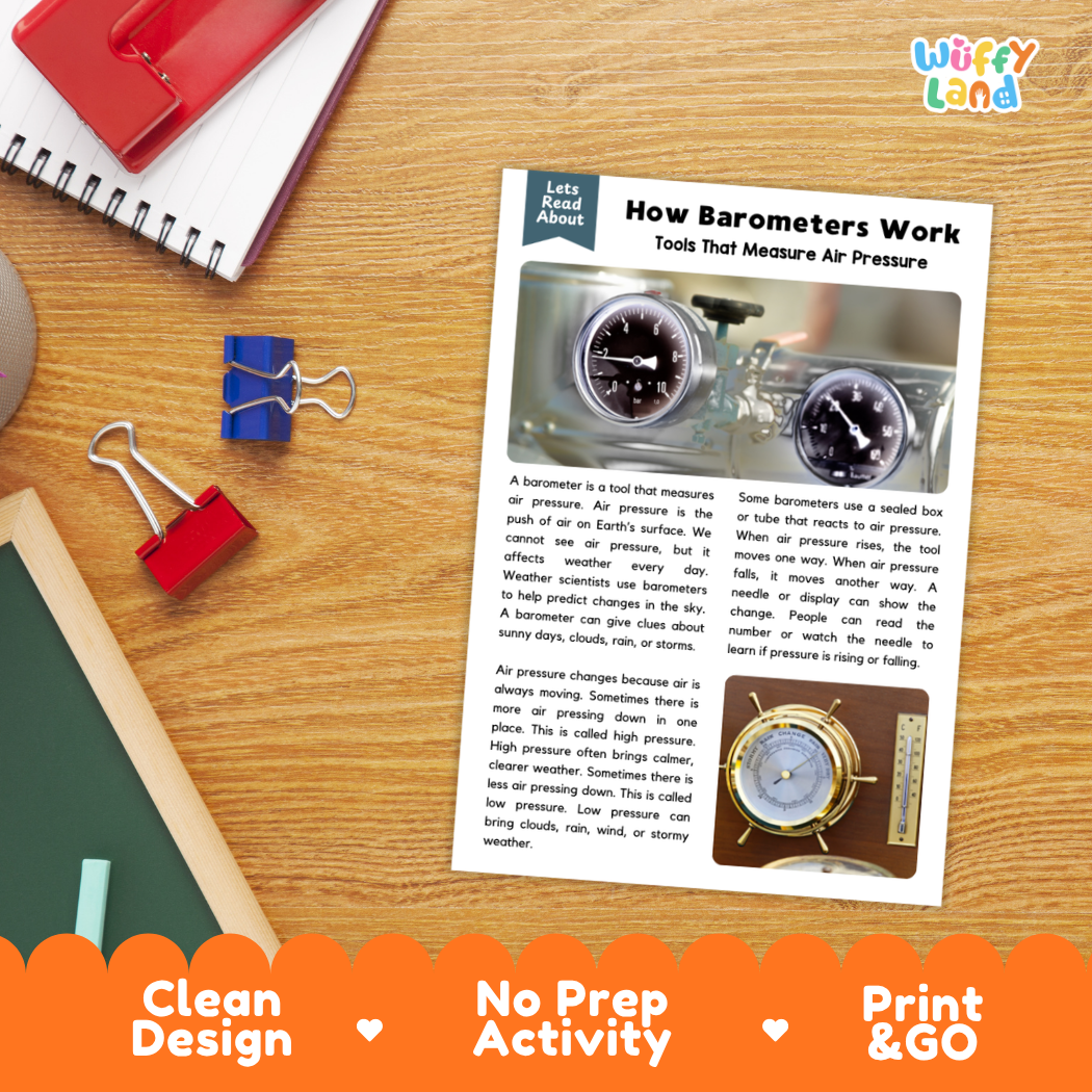 Printable student worksheet with short-answer reading comprehension questions covering barometers and meteorology