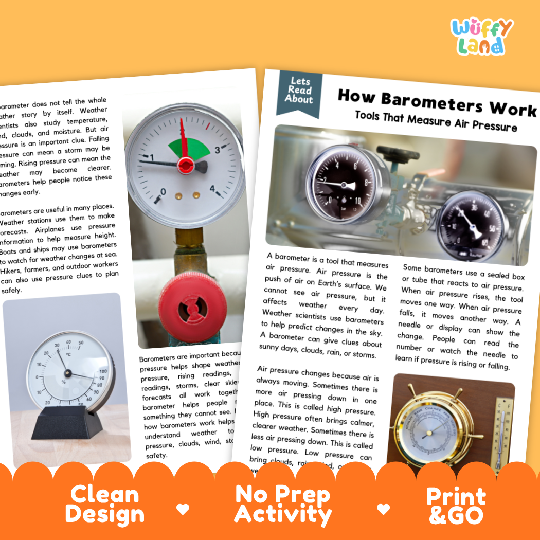 Complete teacher answer key worksheet providing detailed model responses for barometer comprehension questions