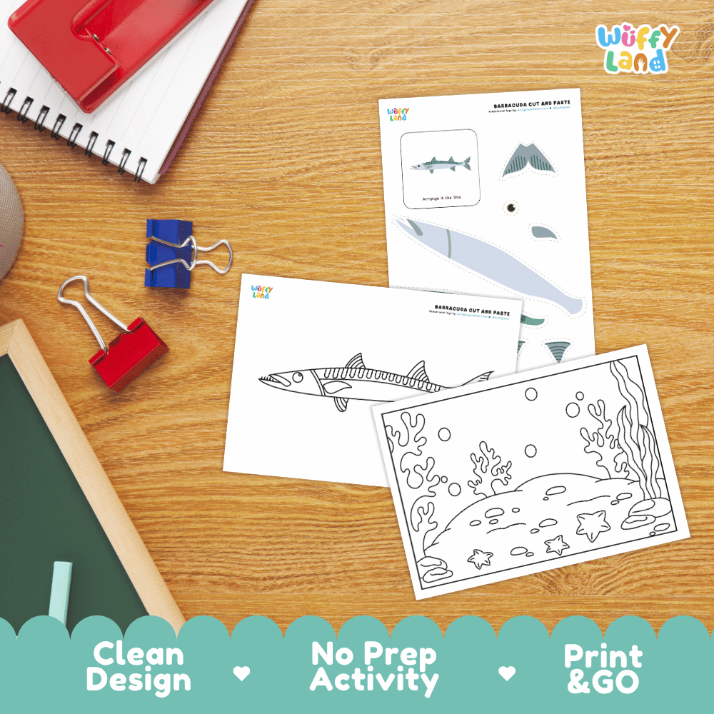Barracuda Cut and Paste Craft and Coloring Pages Activity Worksheets