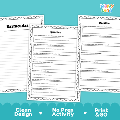 Three printable worksheet pages for a barbacuda science activity are shown on a turquoise background with promotional text reading 'Clean Design,' 'No Prep Activity,' and 'Print & GO.' The top-right corner shows the brand name 'Wiffly Land.