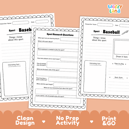 Baseball Sport Research Project Worksheets and Fact Sheet