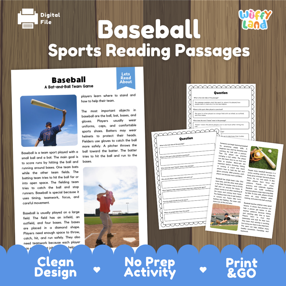 Baseball Sports Reading Passages and Comprehension Questions Worksheets