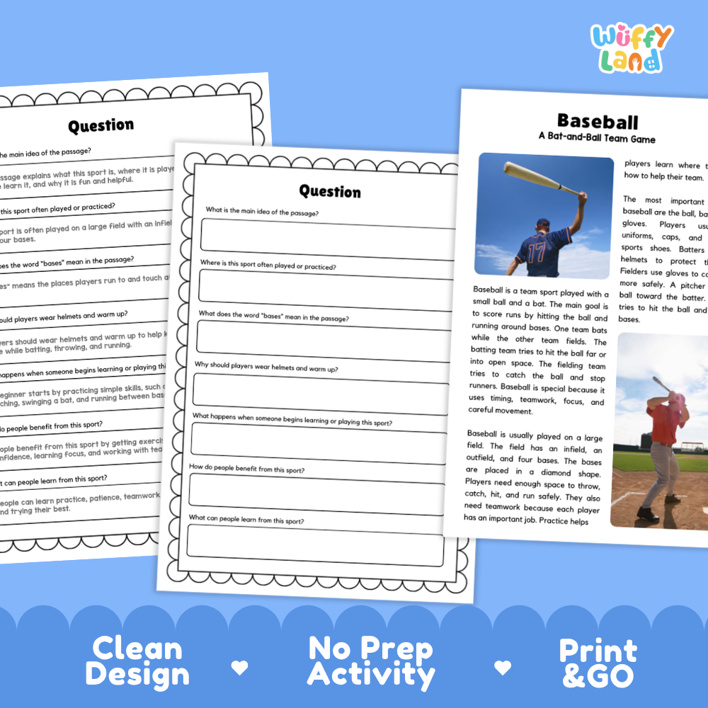 Baseball Sports Reading Passages and Comprehension Questions Worksheets
