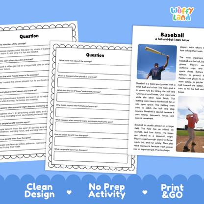 Baseball Sports Reading Passages and Comprehension Questions Worksheets