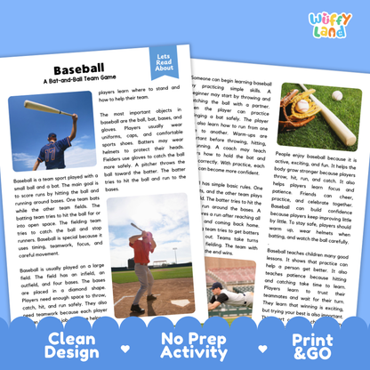Baseball Sports Reading Passages and Comprehension Questions Worksheets