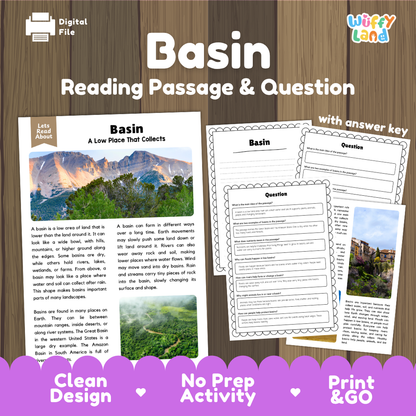 Basin landform reading comprehension passage and questions printable activity pack with answer key for elementary students