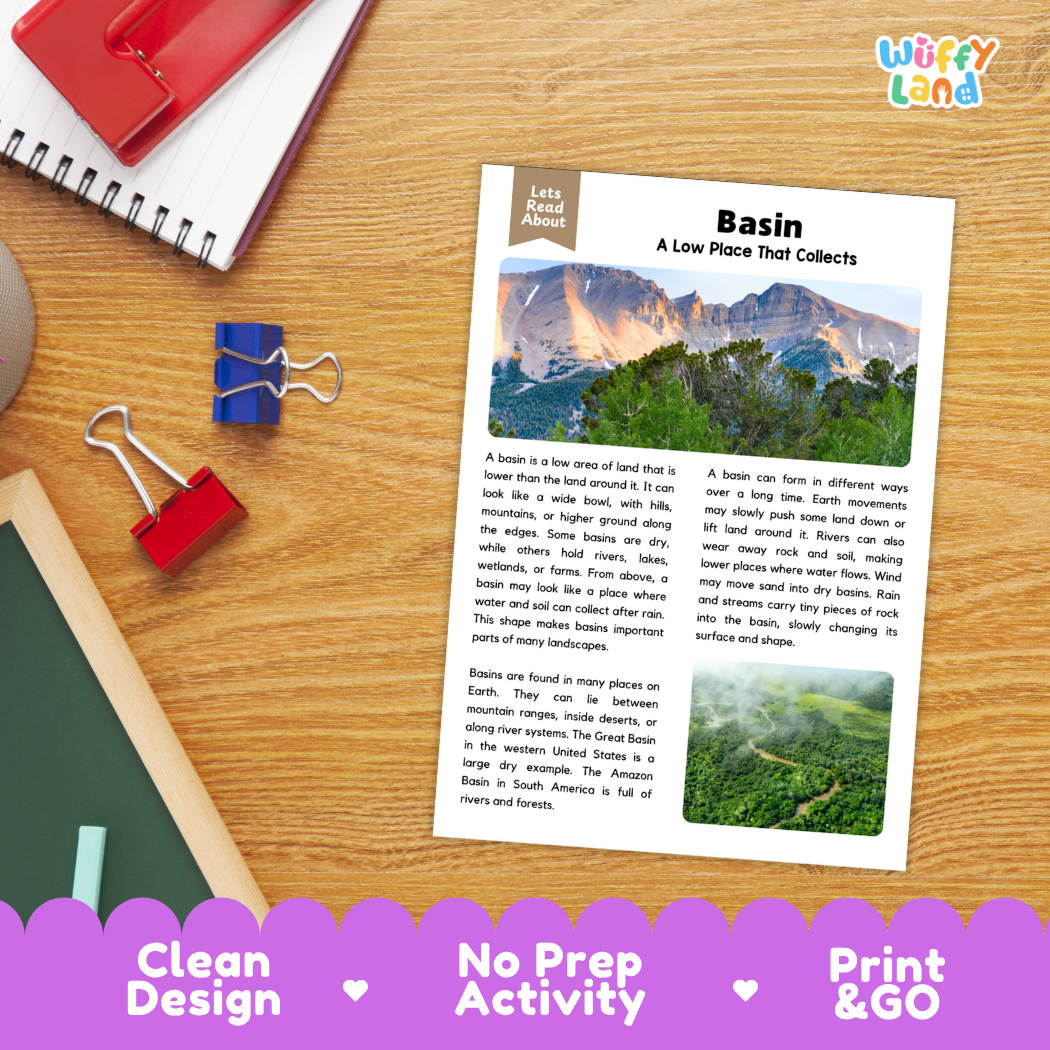 Student reading comprehension worksheet with short-answer questions and handwriting lines about basins
