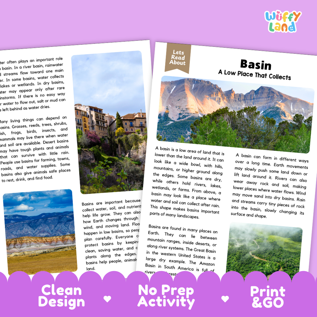 Teacher answer key page showing complete question solutions for basin reading comprehension practice