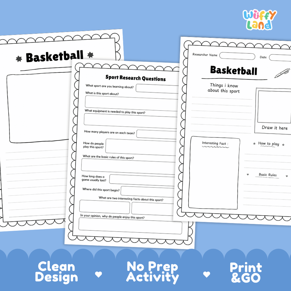 Three printable basketball-themed worksheet pages are shown on a blue background with marketing text at the bottom. The pages include writing and drawing activities such as 'Basketball' and 'Sport Research Questions.