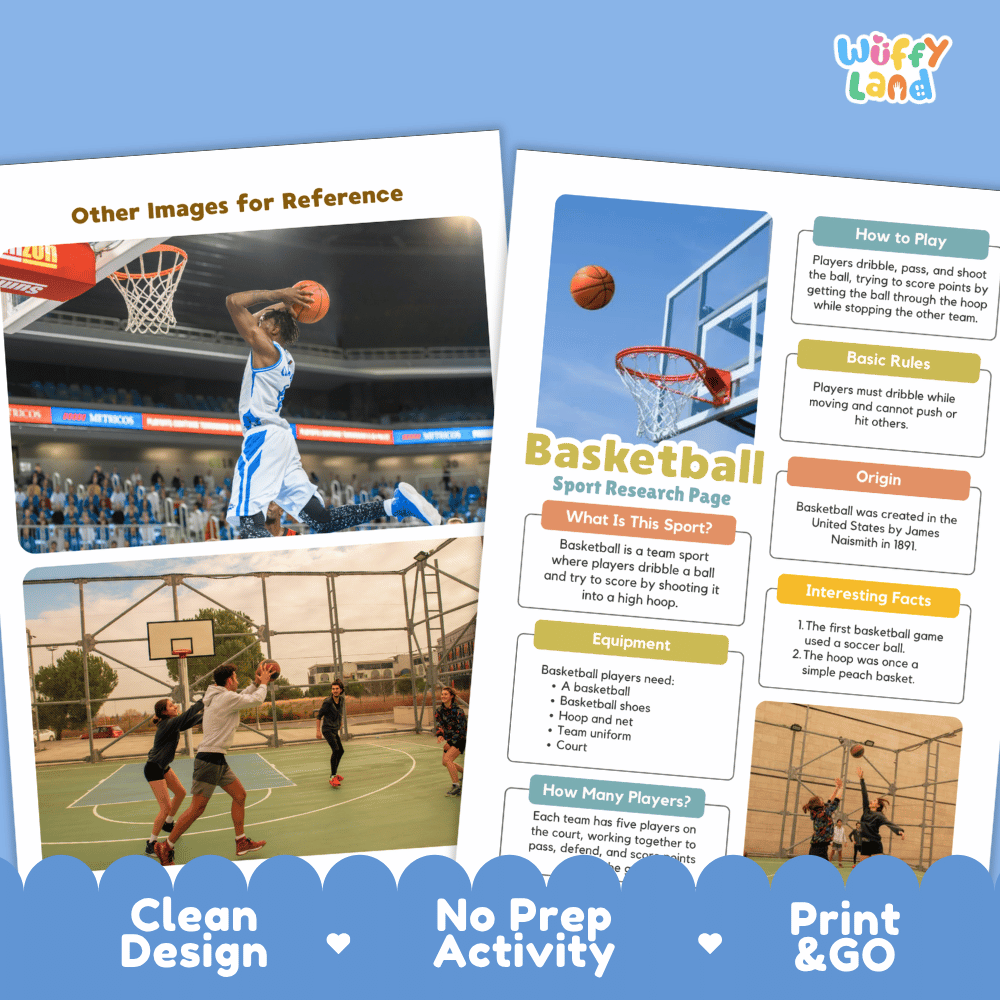 Basketball Sport Research Project Worksheets and Fact Sheet
