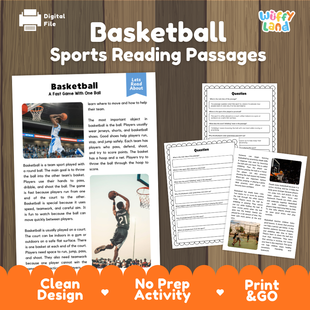 Basketball Sports Reading Passages and Comprehension Questions Worksheets