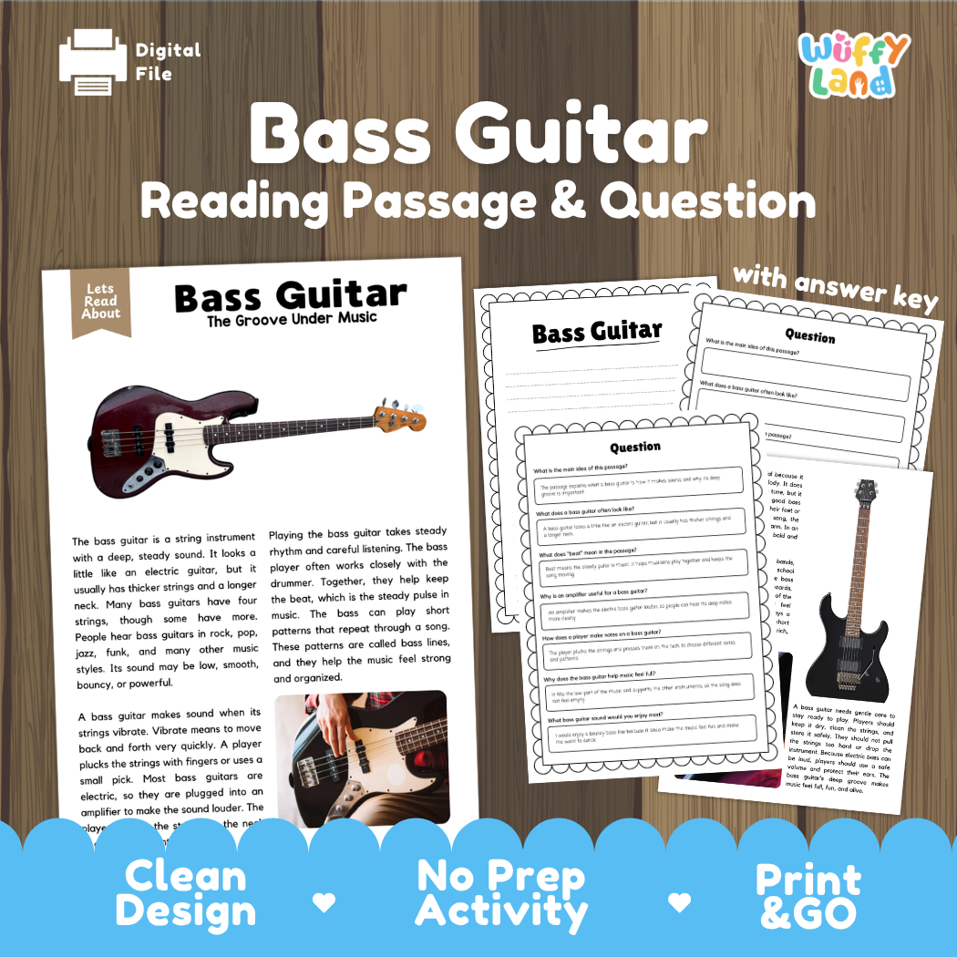 Bass Guitar reading comprehension passage and questions printable activity pack with answer key for elementary students