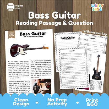 Bass Guitar reading comprehension passage and questions printable activity pack with answer key for elementary students