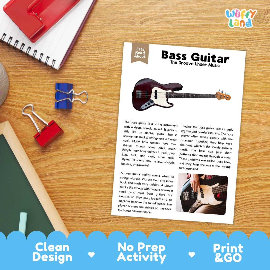 Student reading comprehension worksheet with short-answer questions and lined sections about the bass guitar instrument
