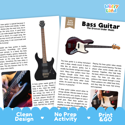 Teacher answer key page showing complete question solutions for Bass Guitar music education reading comprehension practice